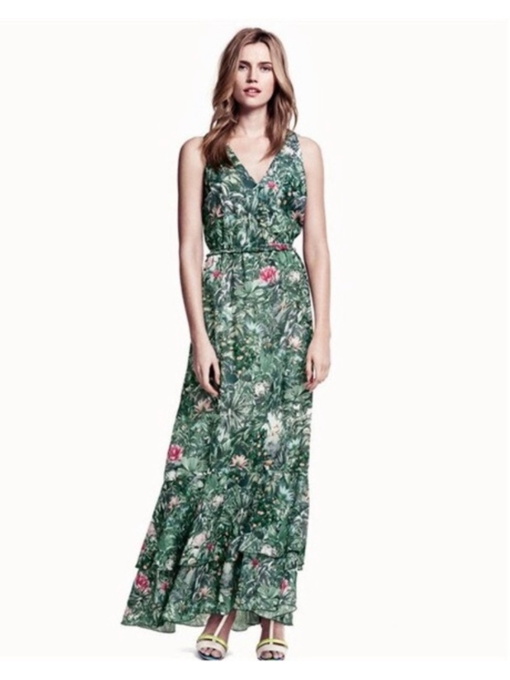H&M Conscious Collection Jungle Print Tropical Ruffle Hem Maxi Dress